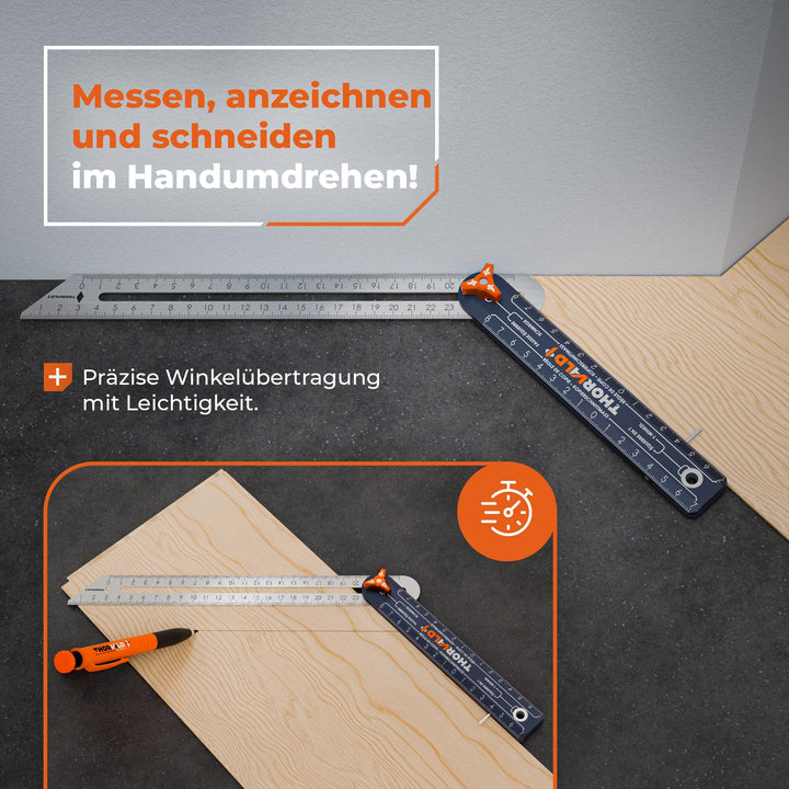 THORVALD 4-in-1 Winkelschmiege + Zimmermannsbleistift + 2 Edelstahl-Lineal 190mm &amp; 265mm - Präzise Winkelübertragung - Eloxiertes Aluminium - Holzbearbeitung, Zimmerei
