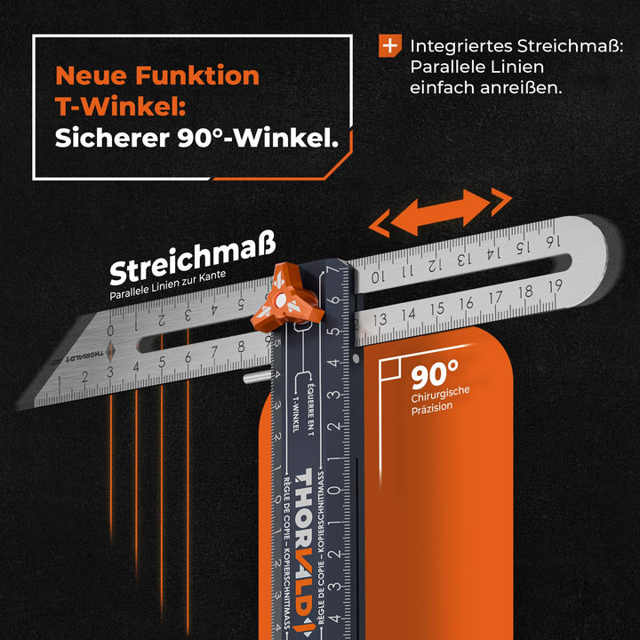 THORVALD 4-in-1 Winkelschmiege + Zimmermannsbleistift + 2 Edelstahl-Lineal 190mm &amp; 265mm - Präzise Winkelübertragung - Eloxiertes Aluminium - Holzbearbeitung, Zimmerei