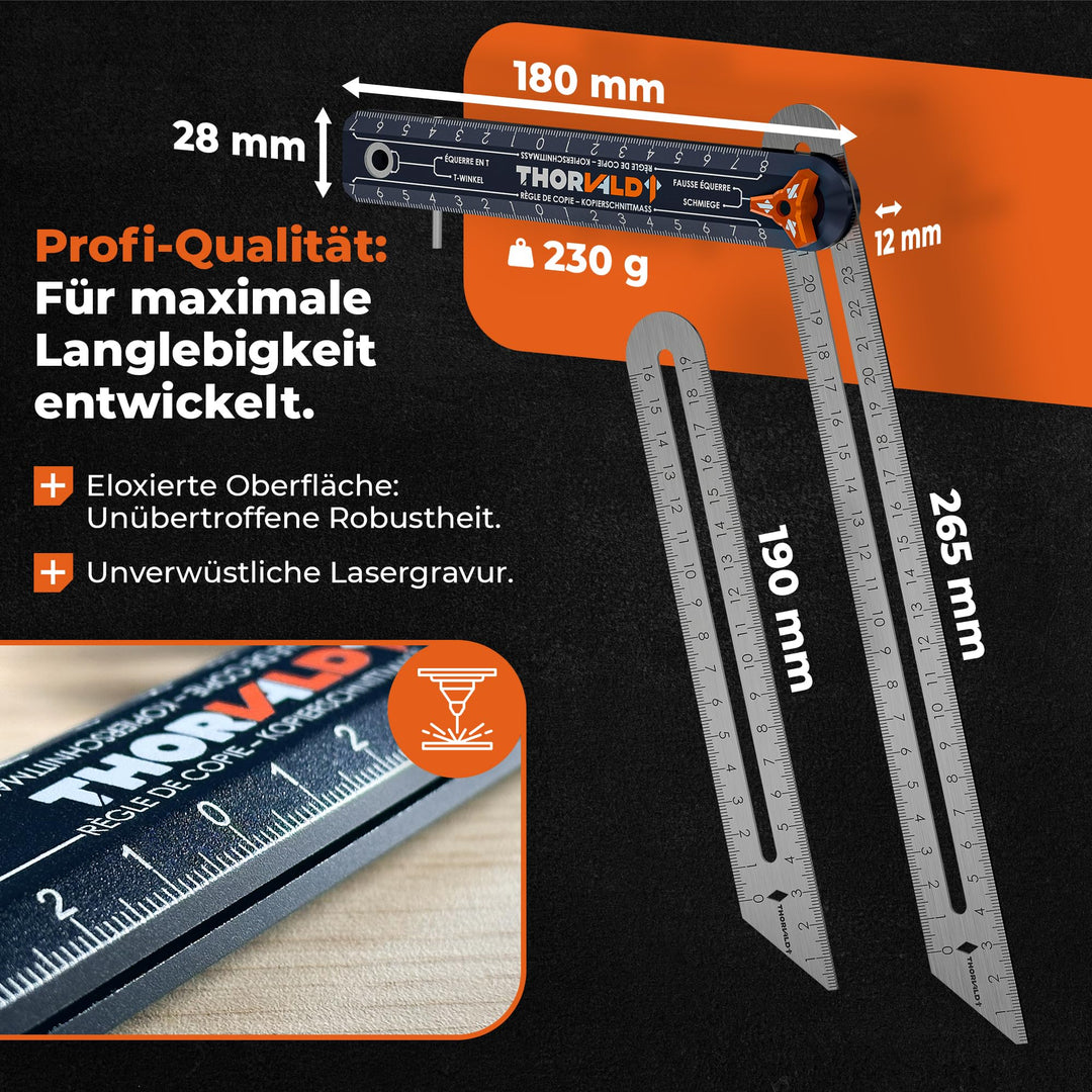 THORVALD 4-in-1 Winkelschmiege + Zimmermannsbleistift + 2 Edelstahl-Lineal 190mm &amp; 265mm - Präzise Winkelübertragung - Eloxiertes Aluminium - Holzbearbeitung, Zimmerei