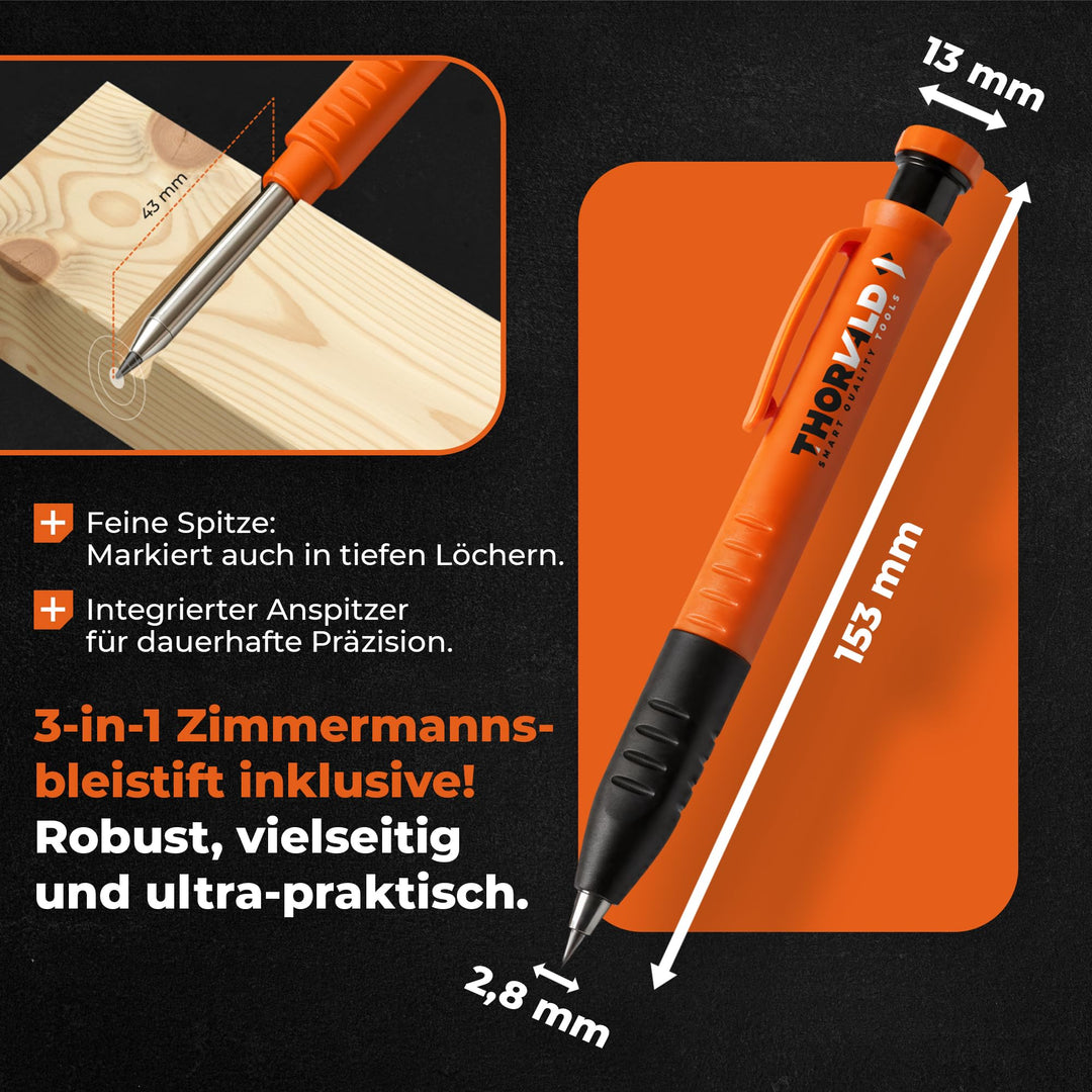 THORVALD 4-in-1 Winkelschmiege + Zimmermannsbleistift + 2 Edelstahl-Lineal 190mm &amp; 265mm - Präzise Winkelübertragung - Eloxiertes Aluminium - Holzbearbeitung, Zimmerei