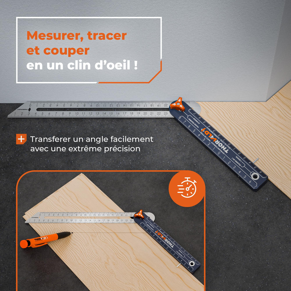 THORVALD Forja angular 4 en 1 + lápiz de carpintero + 2 reglas de acero inoxidable de 190 mm y 265 mm – Transferencia angular precisa – Aluminio anodizado – carpintería