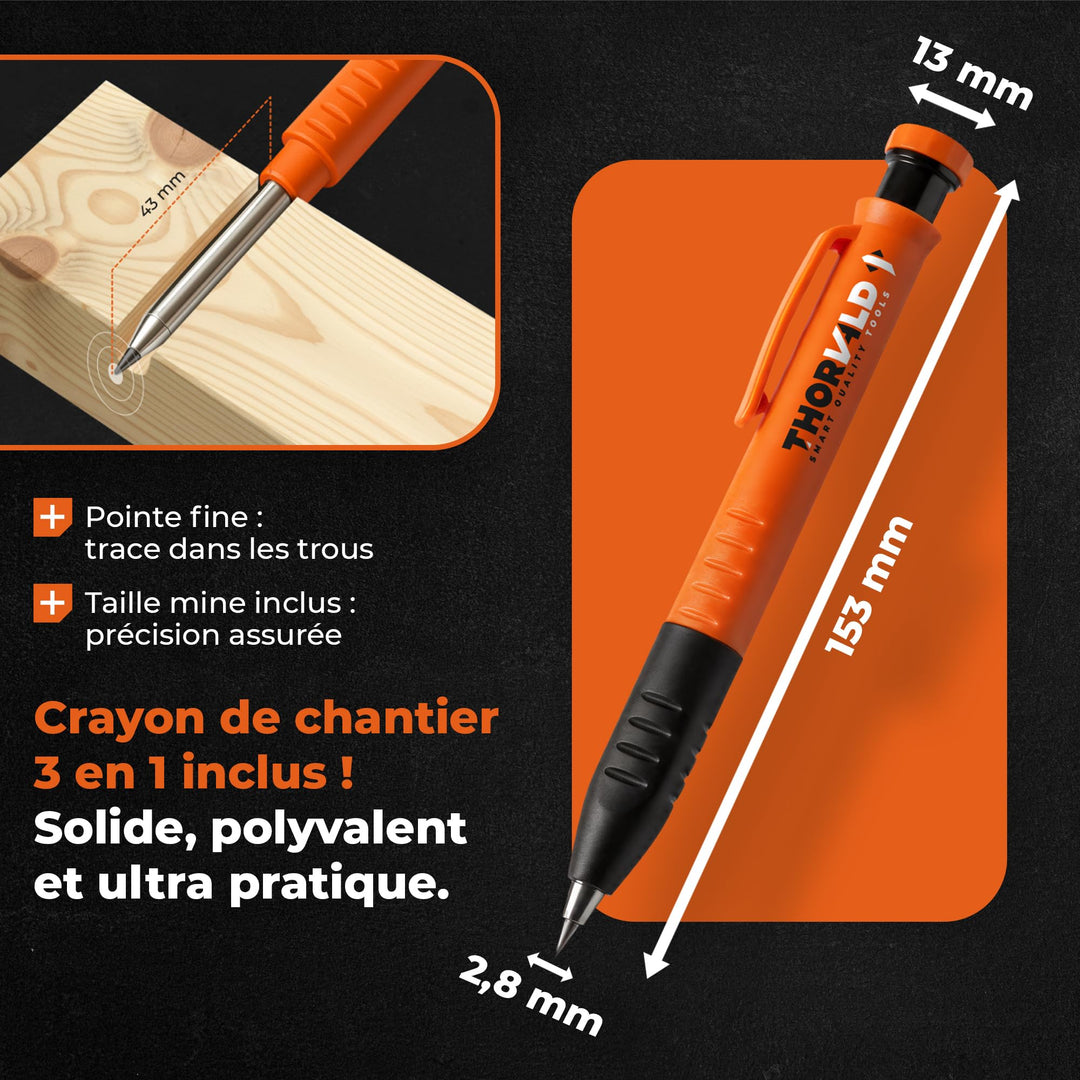 THORVALD Forja angular 4 en 1 + lápiz de carpintero + 2 reglas de acero inoxidable de 190 mm y 265 mm – Transferencia angular precisa – Aluminio anodizado – carpintería