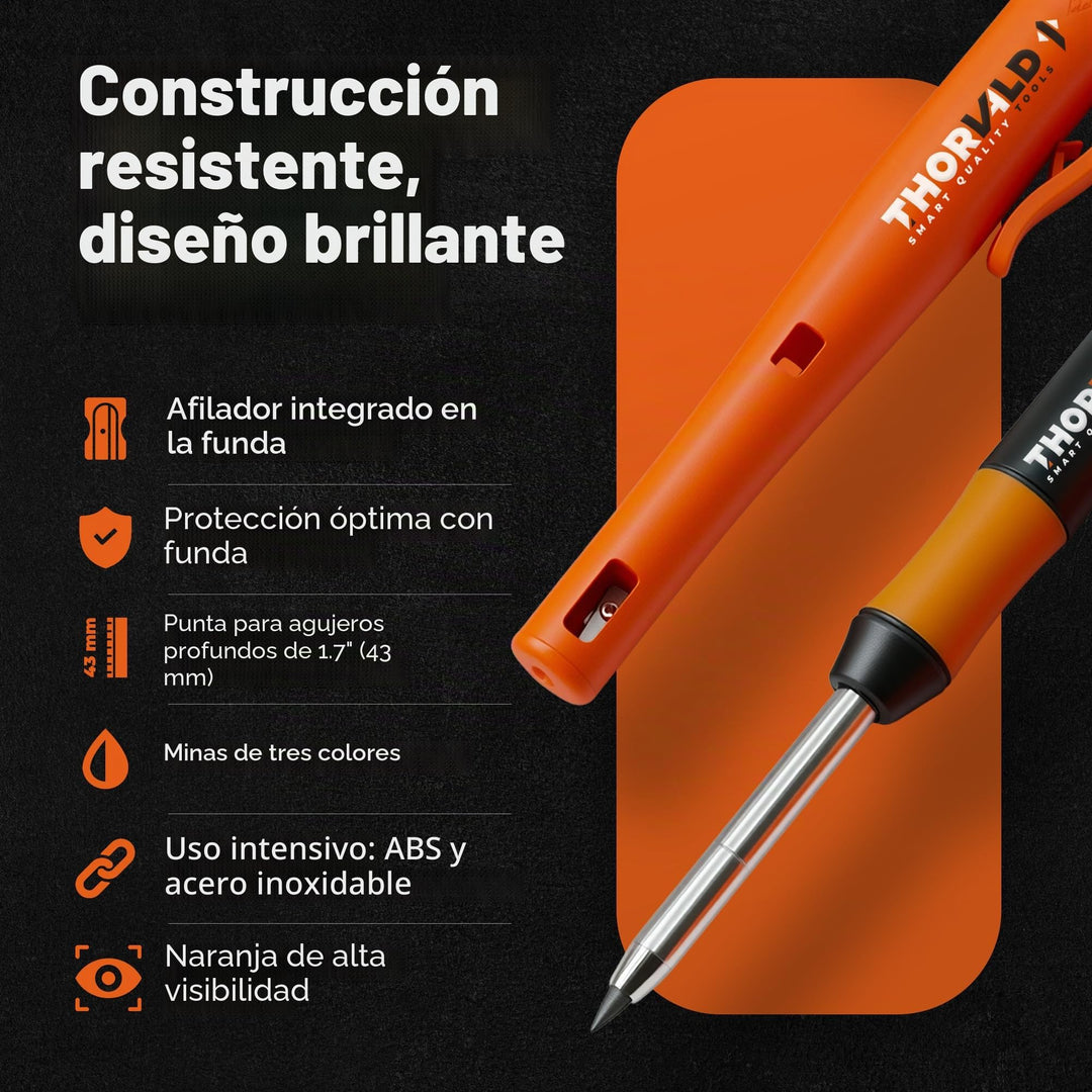 THORVALD Lápiz de carpintero robusto con funda, 7 minas y sacapuntas - Marcador de agujeros profundos para profesionales - Perfecto para construcción, madera, metal y hormigón