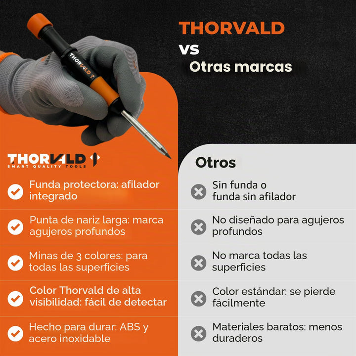 THORVALD Lápiz de carpintero robusto con funda, 7 minas y sacapuntas - Marcador de agujeros profundos para profesionales - Perfecto para construcción, madera, metal y hormigón