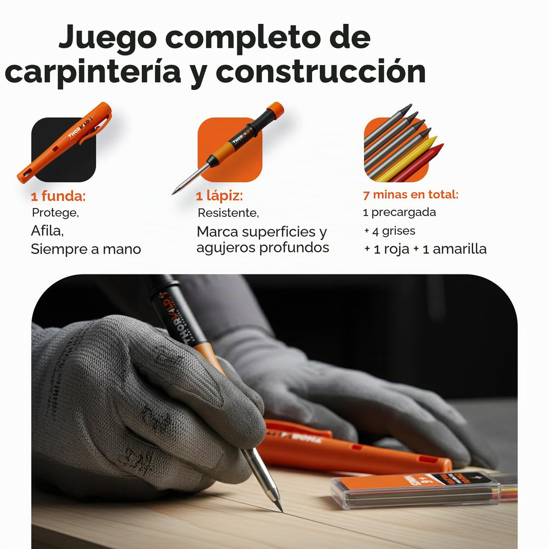 THORVALD Lápiz de carpintero robusto con funda, 7 minas y sacapuntas - Marcador de agujeros profundos para profesionales - Perfecto para construcción, madera, metal y hormigón