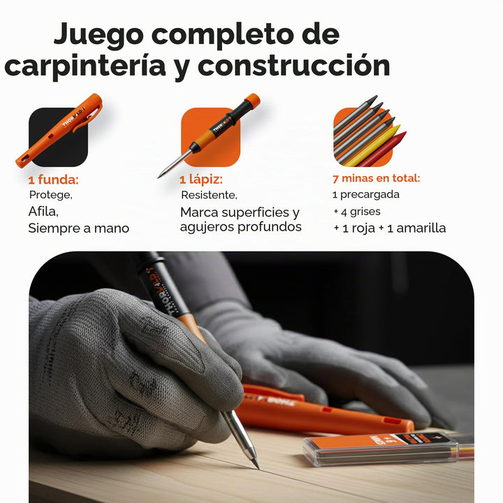THORVALD Lápiz de carpintero robusto con funda, 7 minas y sacapuntas - Marcador de agujeros profundos para profesionales - Perfecto para construcción, madera, metal y hormigón