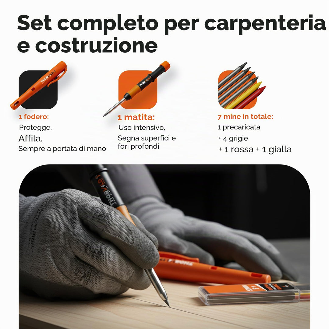 THORVALD Nuove Matite da Carpentiere con Fondina per Edilizia - Incl. 7 Mine + Temperino - Matite Meccaniche Solide con Punta Fine/Migliori Strumenti di Marcatura per Edilizia/Carpentieri/Scriber