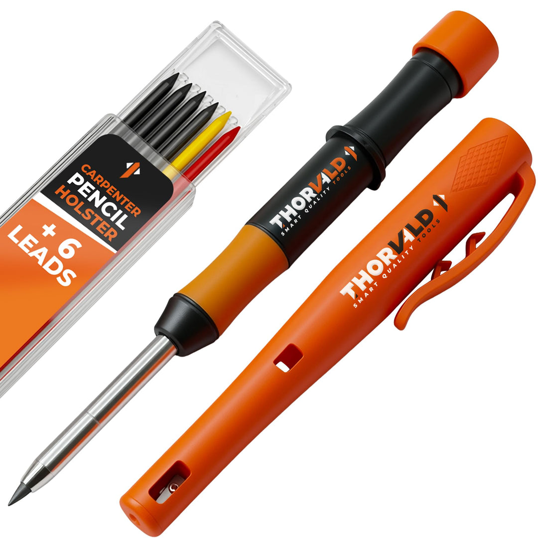THORVALD Sturdy Carpenter Pencil with Case, 7 Leads and Sharpener - Deep Hole Marker for Professionals - Perfect for Construction, Wood, Metal and Concrete