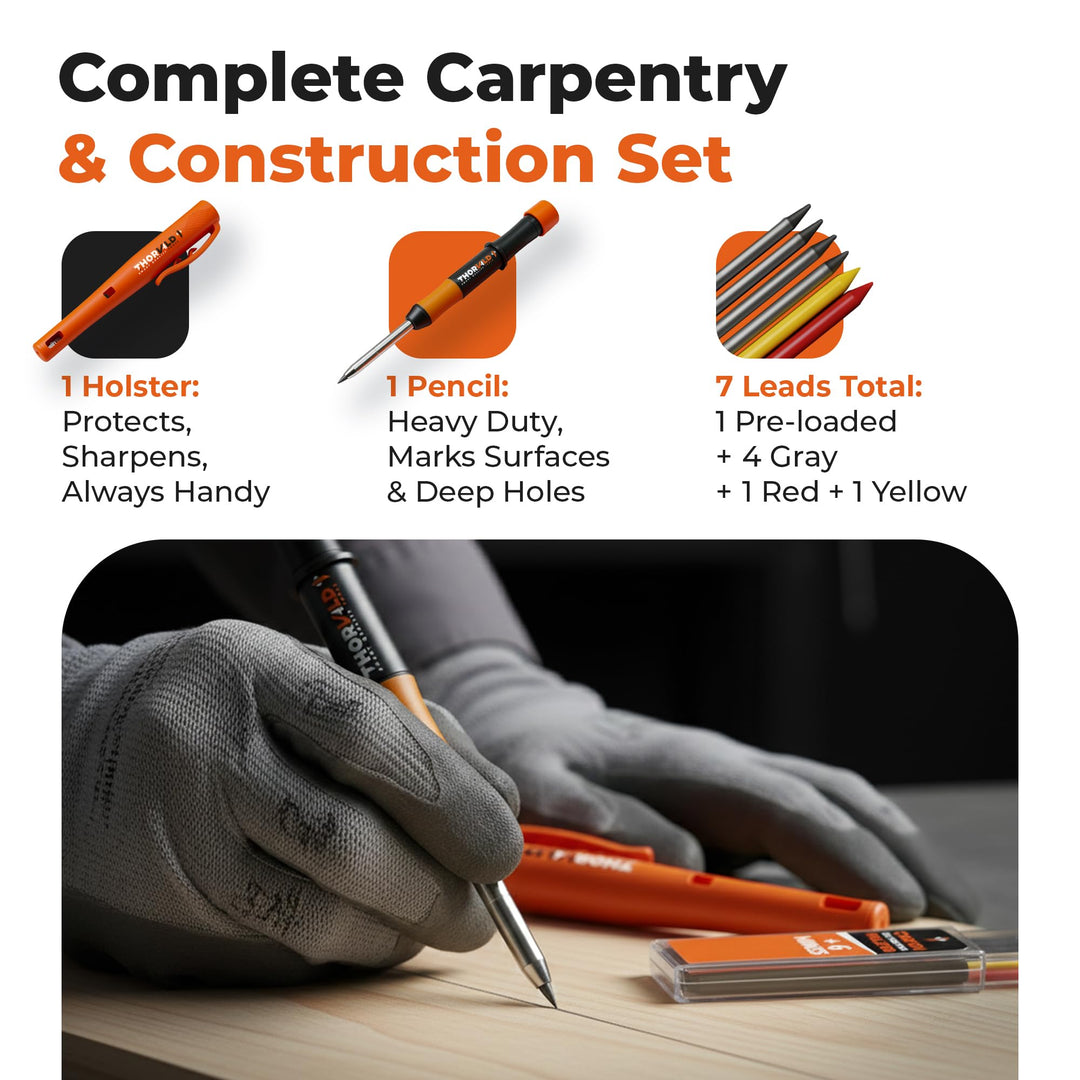 THORVALD Sturdy Carpenter Pencil with Case, 7 Leads and Sharpener - Deep Hole Marker for Professionals - Perfect for Construction, Wood, Metal and Concrete